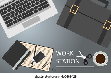 Office desk with laptop tablet smart phone note book and coffee on the top view vector background flat design