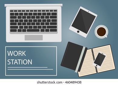 Office desk with laptop tablet smart phone note book and coffee on the top view vector background flat design