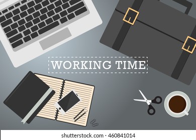 Office desk with laptop tablet smart phone note book and coffee on the top view vector background flat design day30