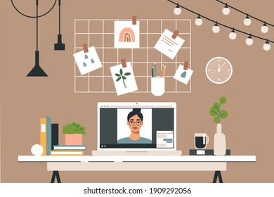 Oficina con ordenador portátil. Lugar de trabajo con tablas de humor, libros y plantas en el interior de las habitaciones de moda. Llamada de trabajo en línea. Ilustración vectorial plana.