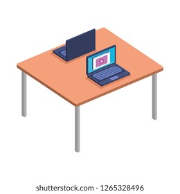 office desk with laptops