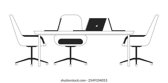 Mesa de escritório com laptops e cadeiras preto e branco objeto de linha 2D. Móveis confortáveis e computadores para coworking corporativo isolado clip art vetor item de contorno. Ilustração de ponto monocromático