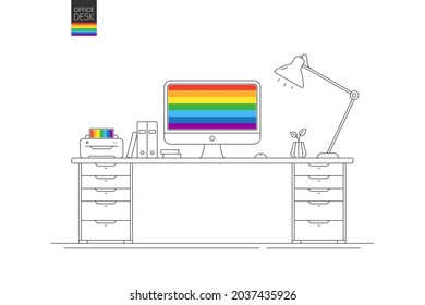 Office desk with LGBT pride flag background. Diversity culture workplace with computer. LGBT friendly office job. Workspace interior with desk, lamp and rainbow flag. Vector work place