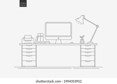 Office desk line background. Home workplace with computer and printer line icon. Modern office interior for work process. Workspace interior with desk and lamp. Vector work place illustration
