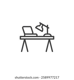 Office Desk line icon. linear style sign for mobile concept and web design. A workspace table with a laptop and lamp outline vector icon. Symbol, logo illustration. Vector graphics