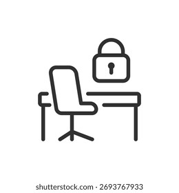 Office desk with lock, linear icon. Secure workplace and data protection. Line with editable stroke.