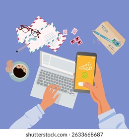 Manager’s Office Desk, manager ordering the pizza at work using smartphone app