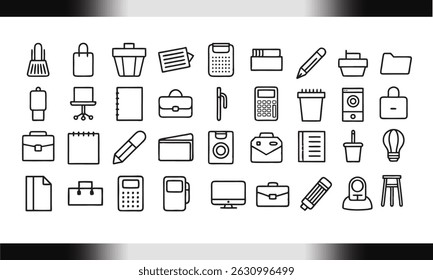 Office Desk with Monitor Line Icons – Workplace Setup Symbols for Office Layout and Productivity