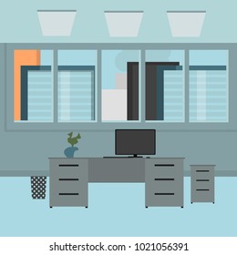 Office. office desk next to the window which offers a view of the city center. Multilevel. flat cartoon style vector illustration