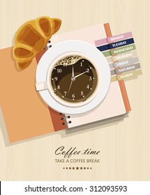 Office desk with notebook, croissant, coffee and clock. Business lunch. Cup of coffee - top view. Take a coffee break
