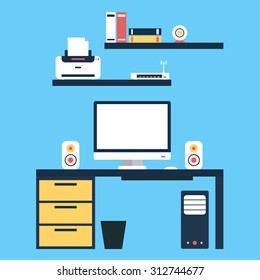 office desk on a blue background