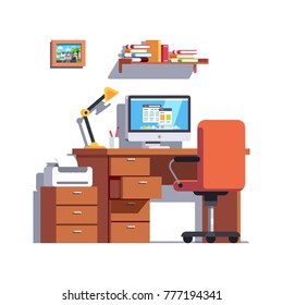 Office desk with opened windows on desktop computer. Workplace interior with swiveling rolling chair, wooden table, lamp & bin. Flat style vector desk illustration.