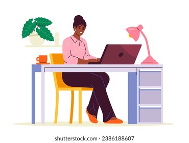 Office desk person concept. Woman sitting near computer. Young girl with laptop. Hardworking worker or employee at workplace. Cartoon flat vector illustration isolated on white background