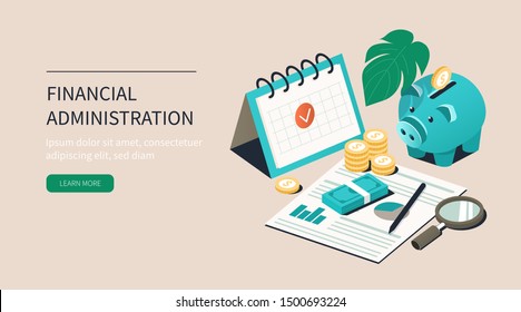 
Office Desk With Piggy Bank, Money And Business Documents. Auditors Workplace. Calculating Payment, Salary Or Taxes. Financial Administration Concept. Flat Isometric Vector Illustration.