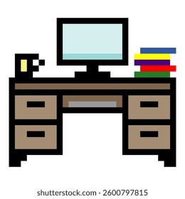 Office desk with pixel art. Office furniture with pixel art