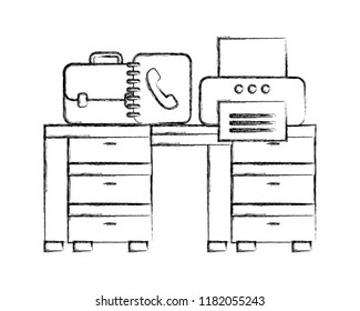 office desk with printer book address and briefcase