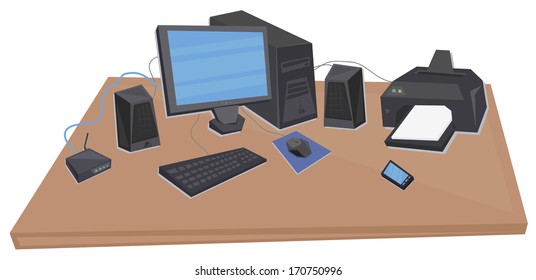 office desk with processing unit, monitor, speakers, keyboard, mouse, router, printer and phone isolated vector on white background