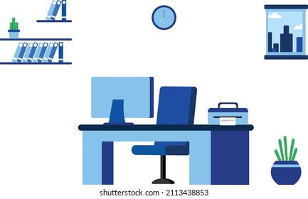 Office desk with rolling chair and bookshelf in the background, Flowerpot and window, Blue palette office chair, Isolated office setup, Vector flat icon of office setup