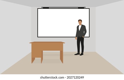 Office desk, screen on the wall and male character in business attire