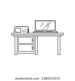 Office Desk Setup with Laptop outline illustration