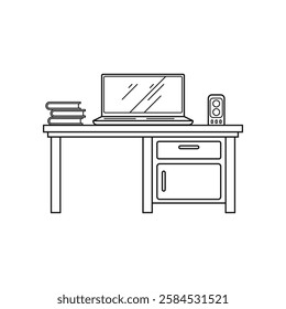 Office Desk Setup with Laptop outline illustration