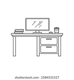 Office Desk Setup with Monitor outline illustration