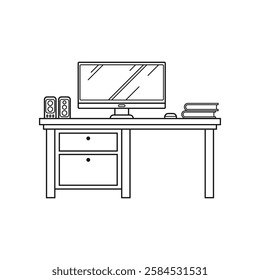 Office Desk Setup with Monitor outline illustration