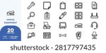 Office desk setup with stapler, wrench, clipboard, document, pencil, filing cabinet, router, , headphones, scissors, projector, calculator, desk lamp, office chair, plant, and magnifying glass for workspace design.