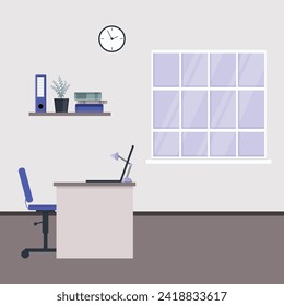 Office with desk, a shelf and a clock on the wall, as well as a large window.