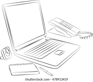 office desk, sketch, vector illustration