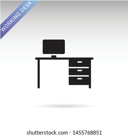 Office desk. Solid vector icon isolated on white background. Glyph modern symbol, for infographic, web or mobile design.