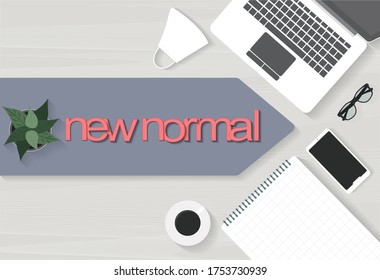 Office desk table with blank notebook, computer keyboard and other office supplies. Lifestyle the way of humans to change to new normal. Vector illustration flat.
