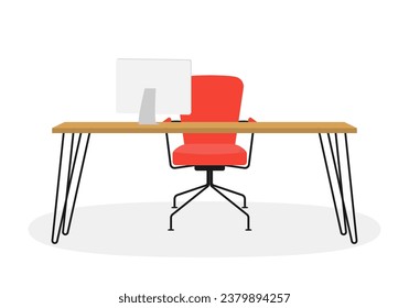 Office desk or table with office chair and computer isolated on white background. Business workplace concept. Vector illustration.