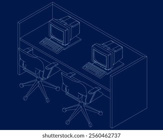 Office desk or table with office chair and computer. Business interior design elements. Vector illustration.