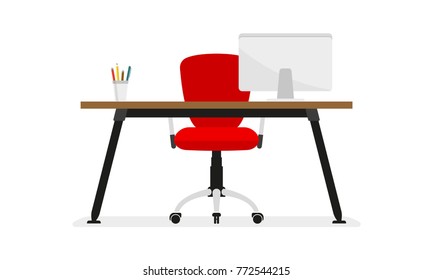 Office desk or table with office chair and computer. Business interior design elements. Vector illustration.