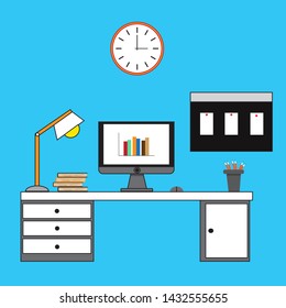 Office desk or table with computer. Business workspace or interior. Workplace in flat style. Vector illustration.