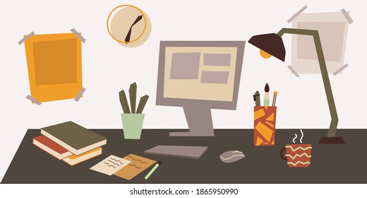 Office desk or table with computer. Business or home workspace. Vector hand drawn flat cartoon style illustration. 