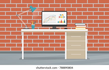 Office desk or table with computer, lamp and pencil stand. Business interior with brick wall. Workplace in flat style. Vector illustration. 