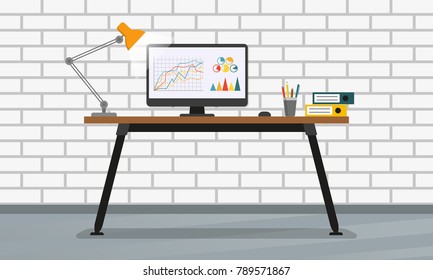 Office desk or table with computer, lamp and pencil stand. Business interior with brick wall. Workplace in flat style. Vector illustration. 