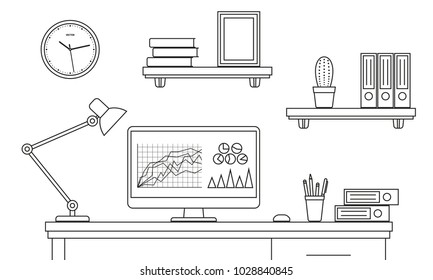 Office desk or table with computer outline sketch. Line style business workspace or interior. Vector illustration. 