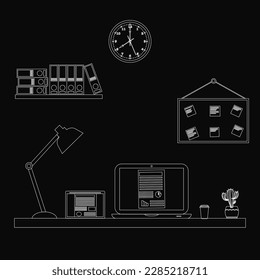 Office desk or table with computer outline sketch. Line style business workspace or interior. Vector