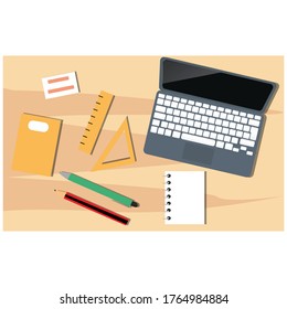 Office desk table with computer, supplies and pencil . Top view vector illustration.