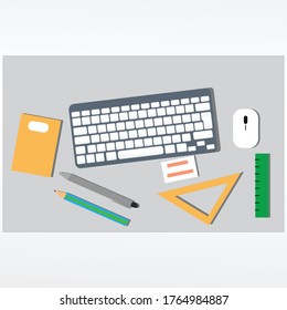 Office desk table with computer, supplies and pencil . Top view vector illustration.