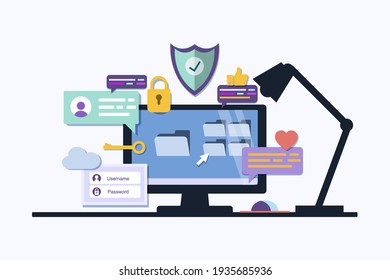 Office desk or table with computer. User interface. Application development and ui, ux Business workspace or interior. Workplace in flat style. Vector illustration. EPS
