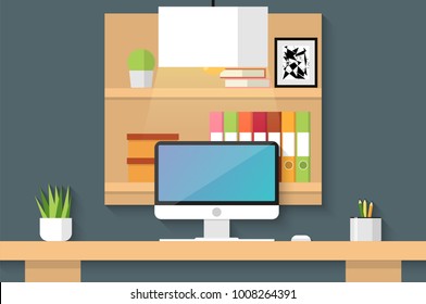 Office desk or table with computer, workplace interiorin, flat style. Vector illustration.
