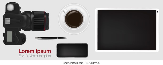 Office desk table with DSLR photo camera, pen, tablet, coffee cup and phone. Top view desktop. Eps10. Vector template. 
