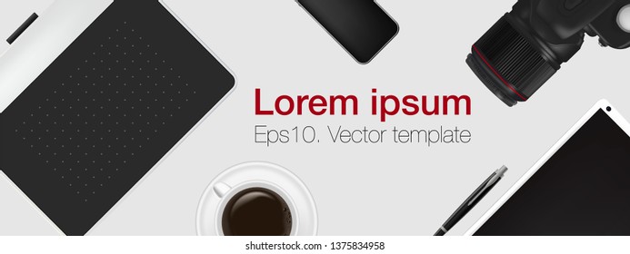 Office desk table with DSLR photo camera, graphic tablet, coffee cup and phone. Top view desktop. Eps10. Vector template. 