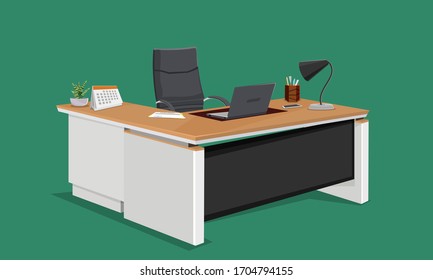 office Desk or Table isolated on green background. symbol or Icon Vector Illustration