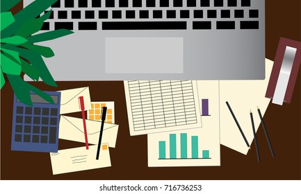 Office desk table with laptop, business documents, pen, calculator, green plant and other supplies. Top view financial analysis concept illustration vector.
