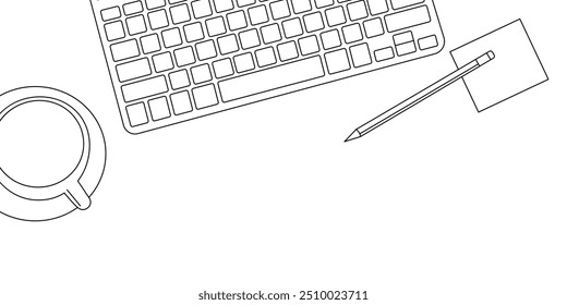 office desk table with laptop computer, cup of coffee and book. line art style vector with transparent background.